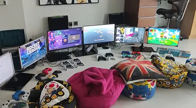 Gaming equipment professionally installed for a hosted party